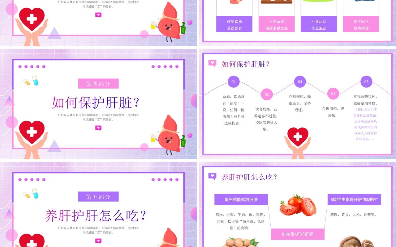 紫色卡通风世界肝炎日预防肝炎知识PPT模板