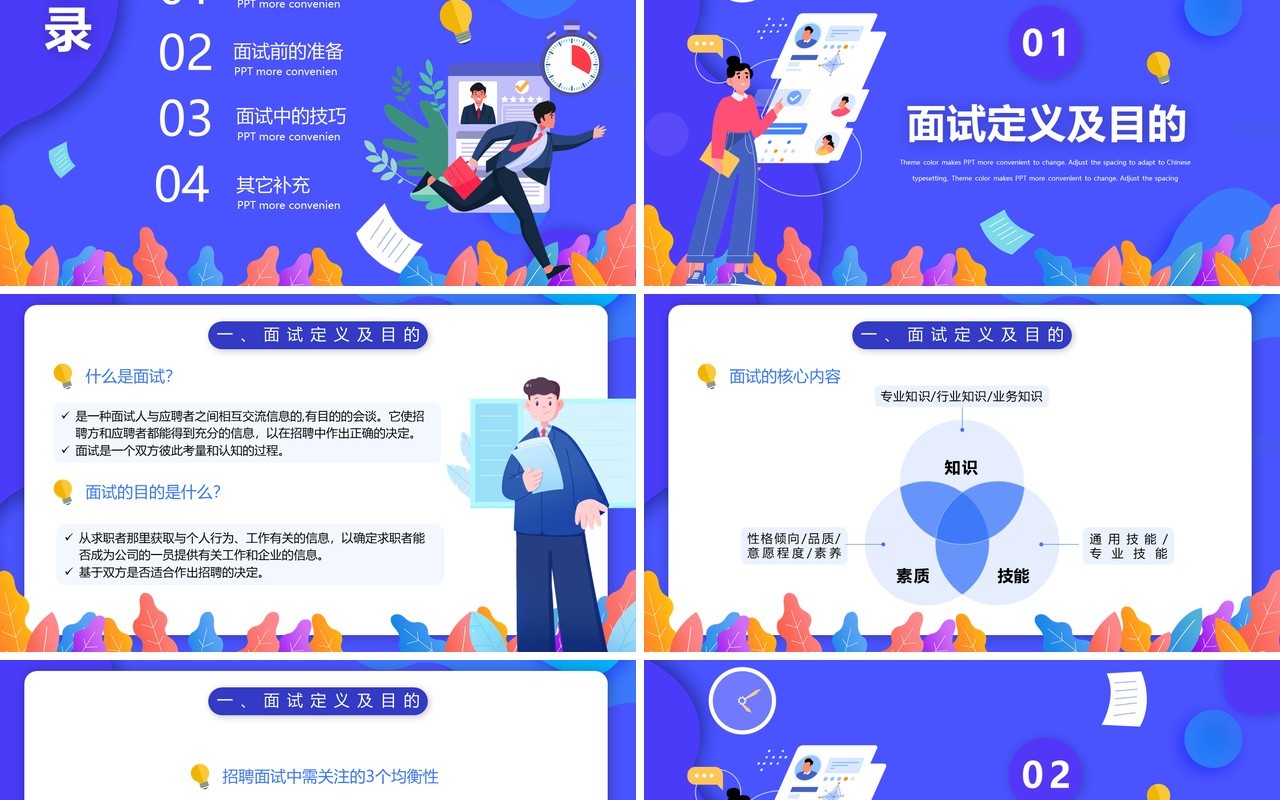 蓝色扁平风招聘面试技巧通用PPT模板