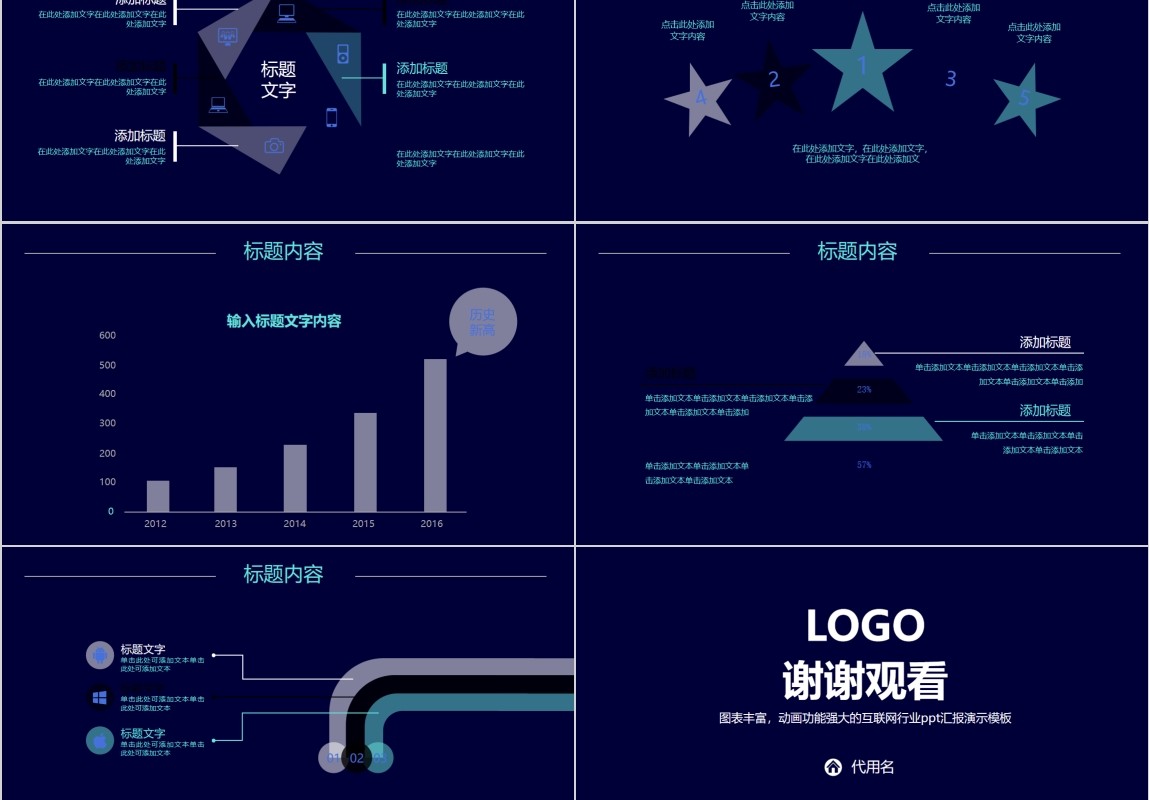 深蓝色互联网商务信息科技PPT模板带动画图表
