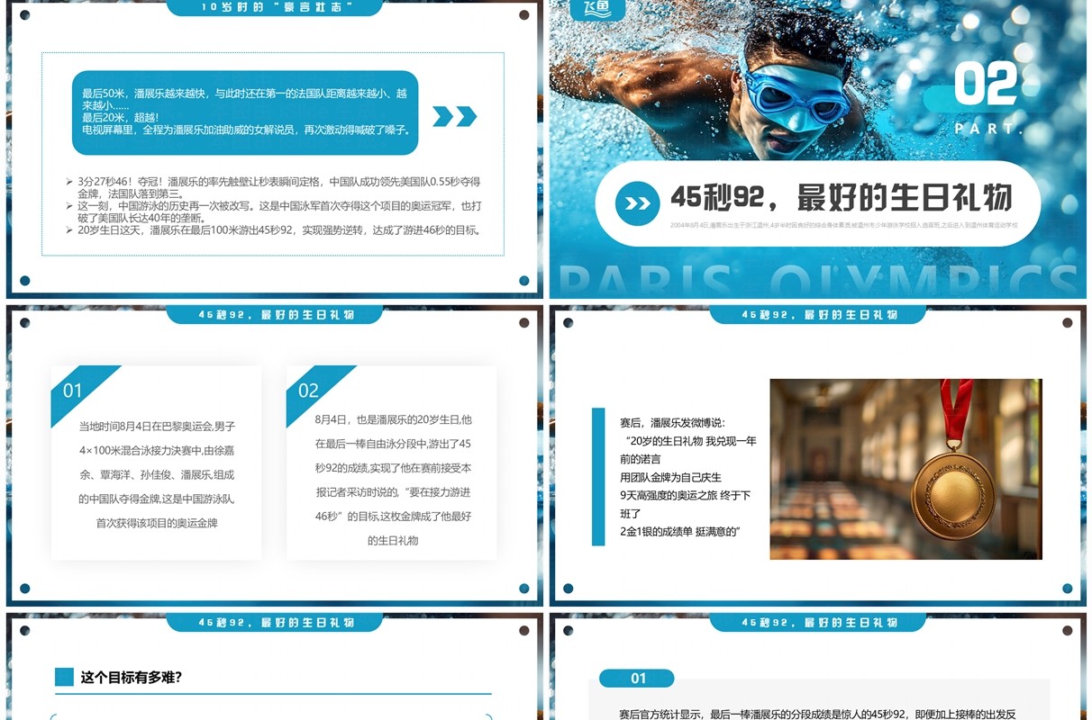 蓝色简约风巴黎奥运会潘展乐的飞鱼人生介绍PPT模板