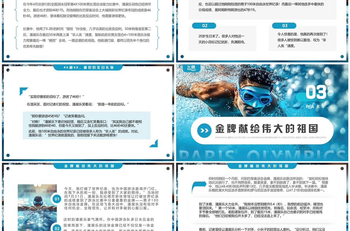 蓝色简约风巴黎奥运会潘展乐的飞鱼人生介绍PPT模板