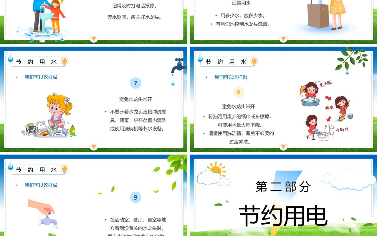 绿色卡通风节约用水用电主题班会PPT模板