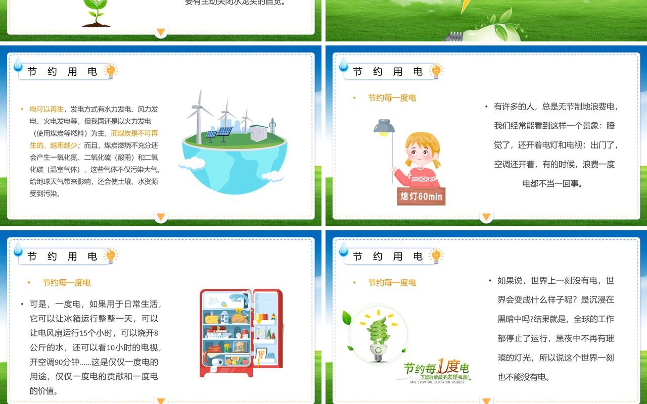 绿色卡通风节约用水用电主题班会PPT模板