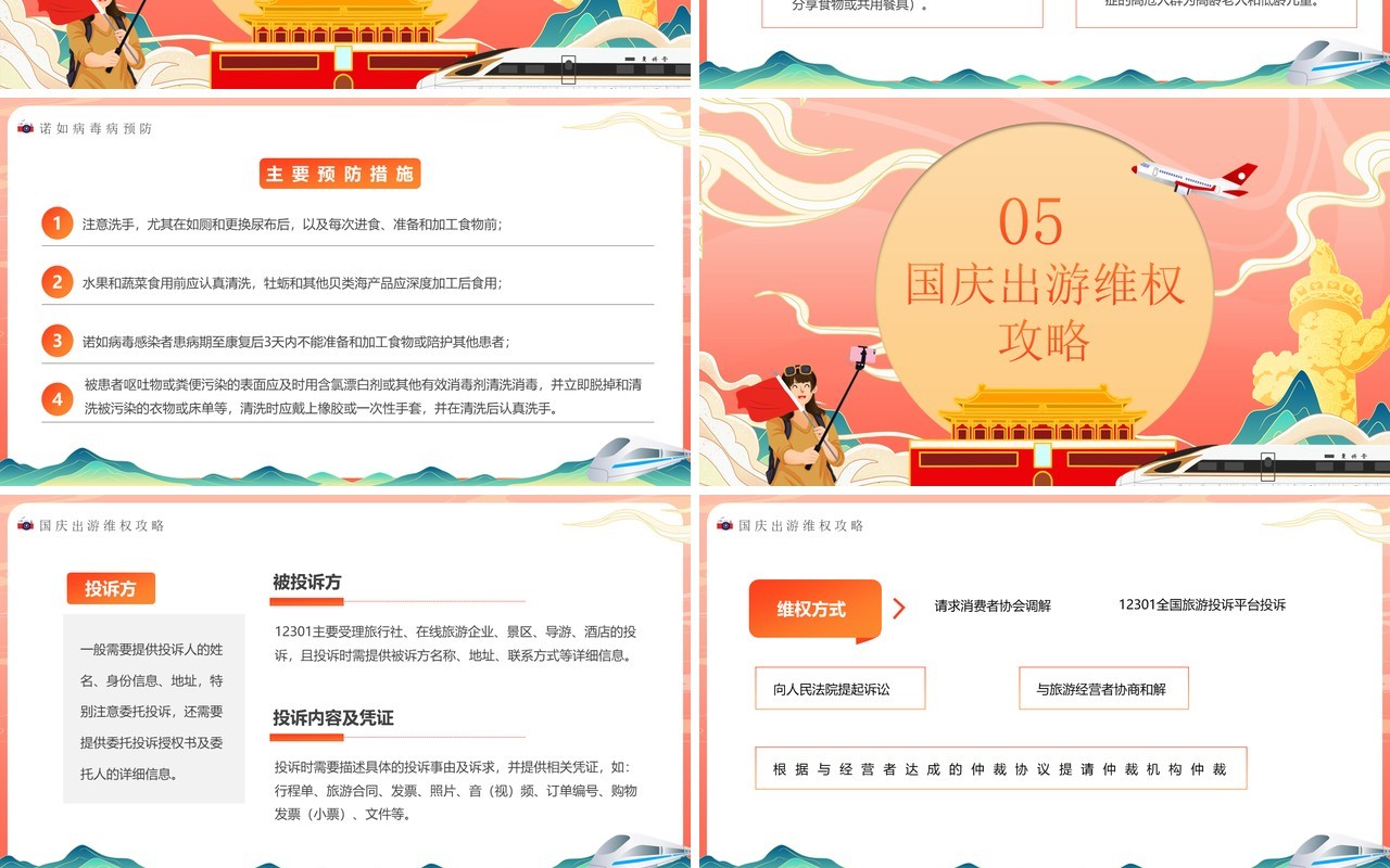橙红渐变国潮风国庆旅游攻略PPT模板