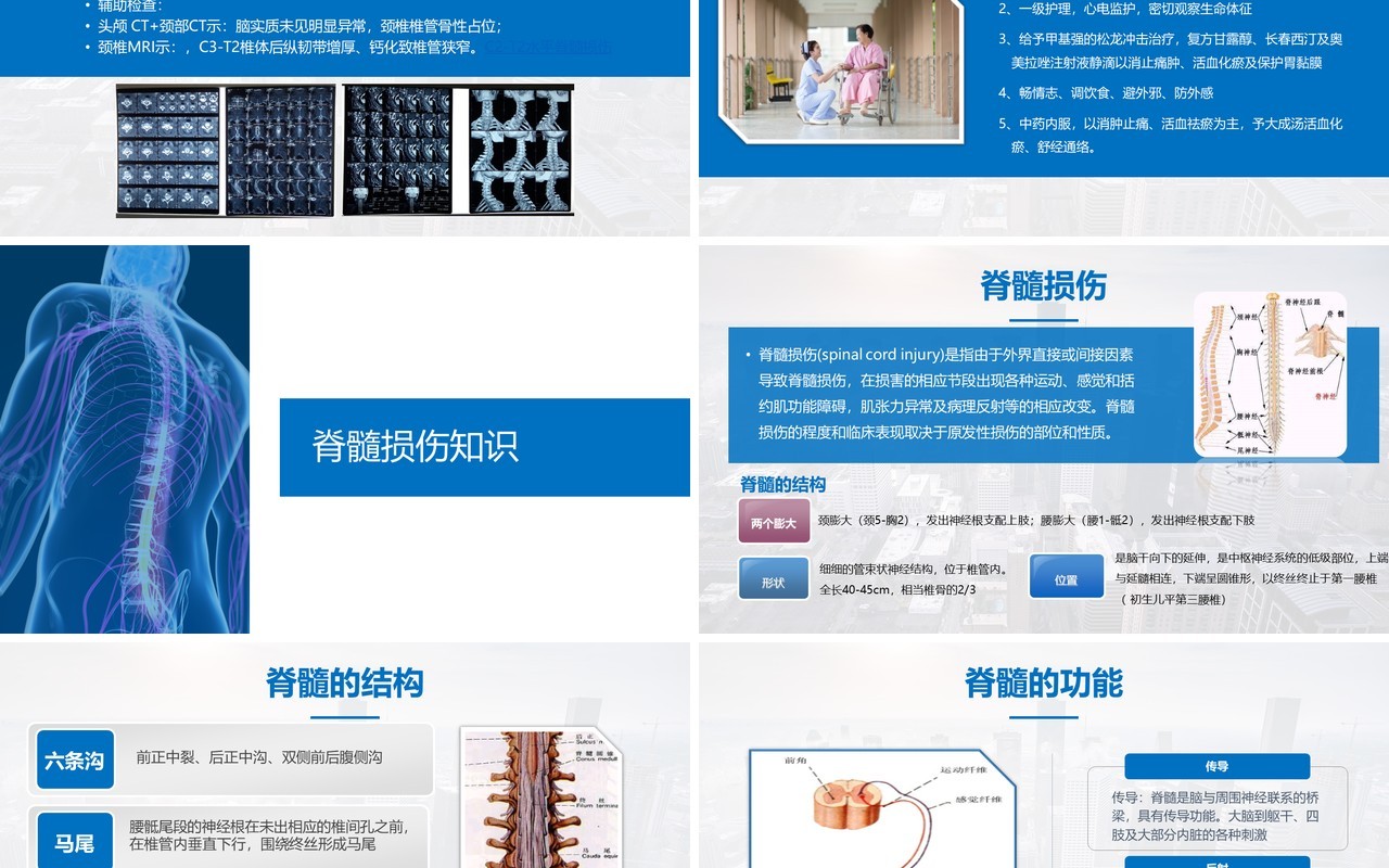 蓝色扁平风脊髓损伤的护理查房简约大气图文结合PPT模板