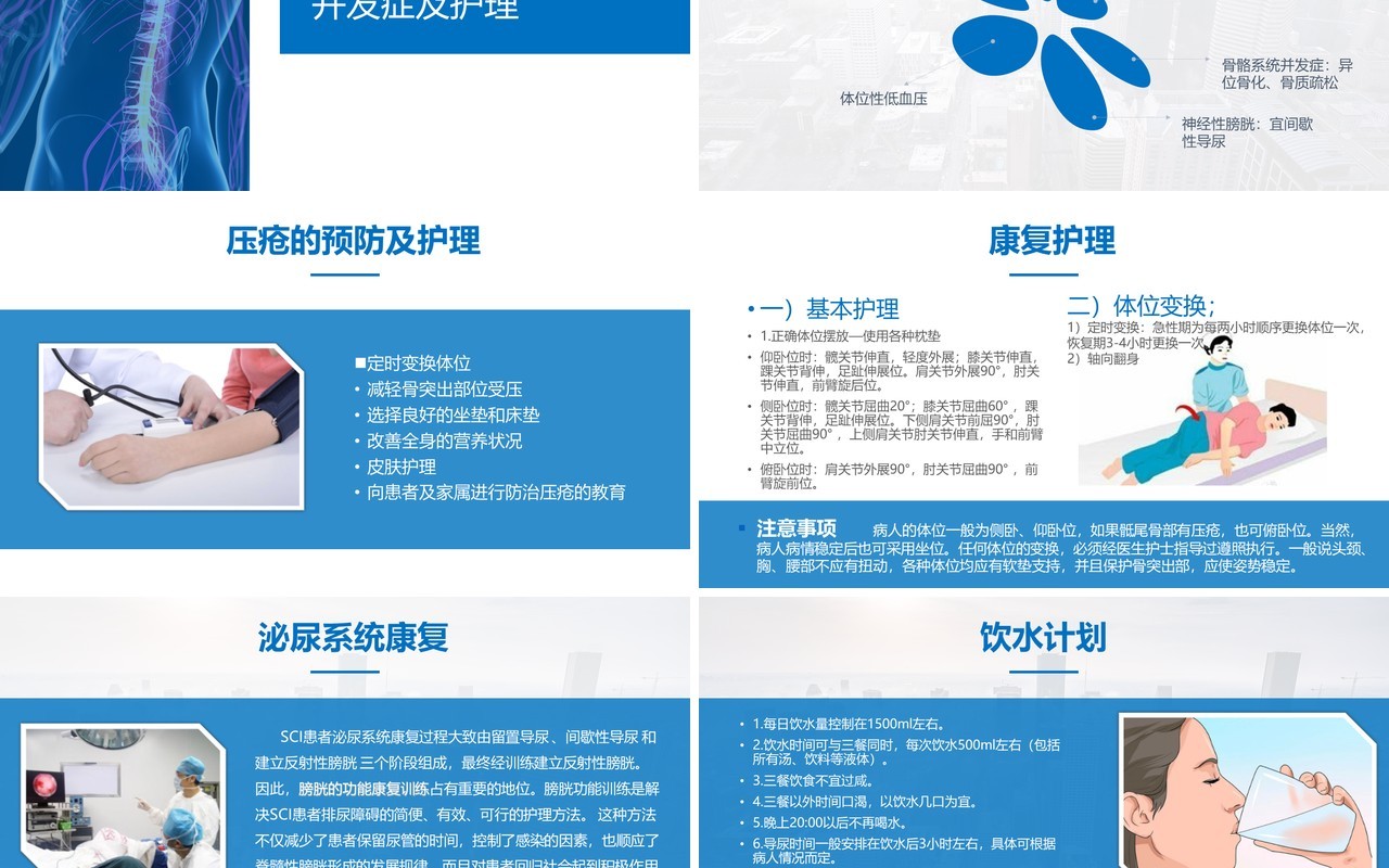 蓝色扁平风脊髓损伤的护理查房简约大气图文结合PPT模板