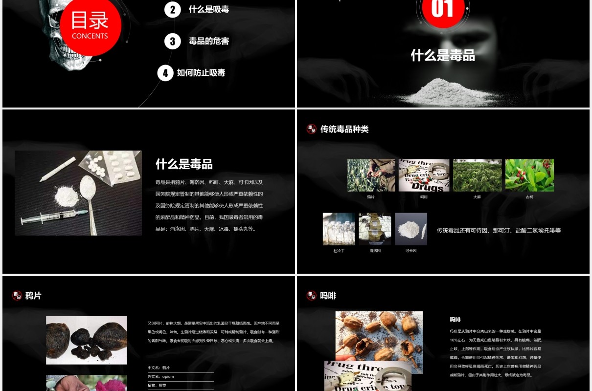 黑色禁毒教育宣传珍爱生命拒绝毒品PPT模板