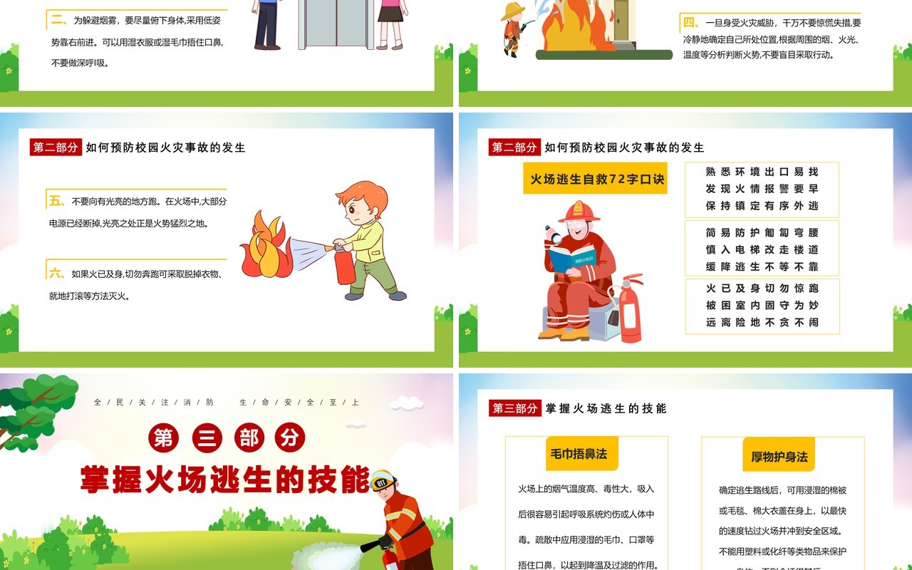 校园卡通消防疏散演习消防安全人人有责教育培训通用PPT模板