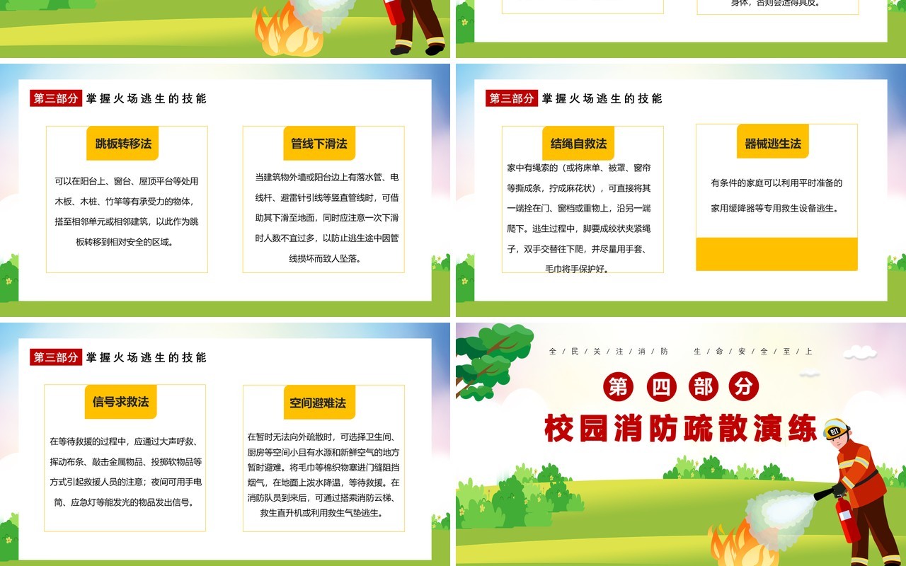 校园卡通消防疏散演习消防安全人人有责教育培训通用PPT模板