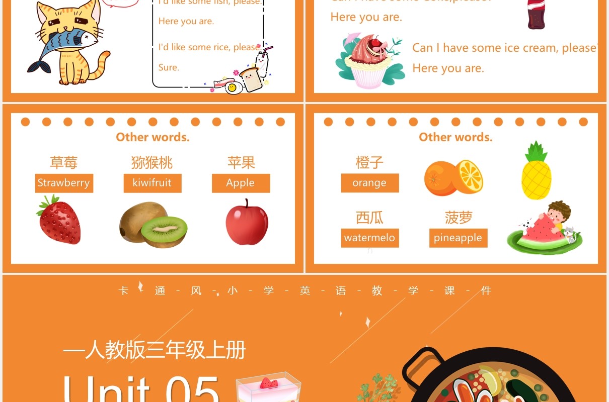 橙色卡通风小学三年级英语课件PPT模板