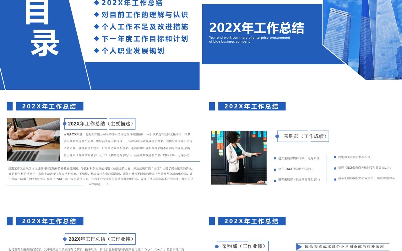 蓝色商务风采购部年度工作总结汇报计划通用PPT模板