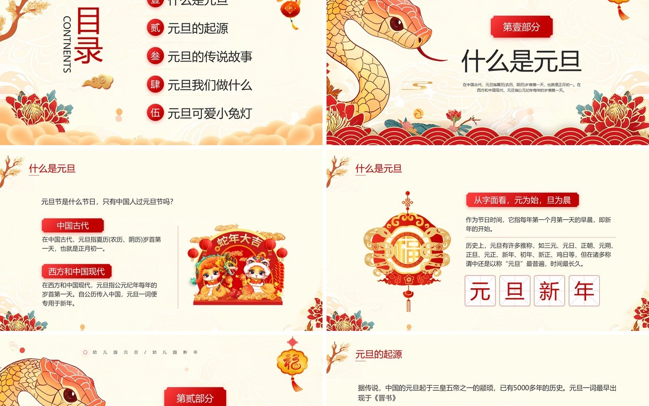红色中国风幼儿园元旦介绍班会PPT模板