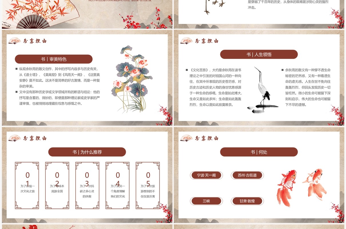棕色中国风余秋雨文化苦旅读书分享PPT模板