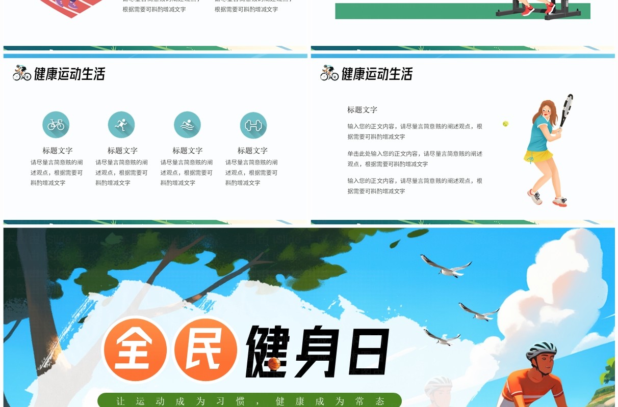 绿色插画风全民健身日PPT通用模板