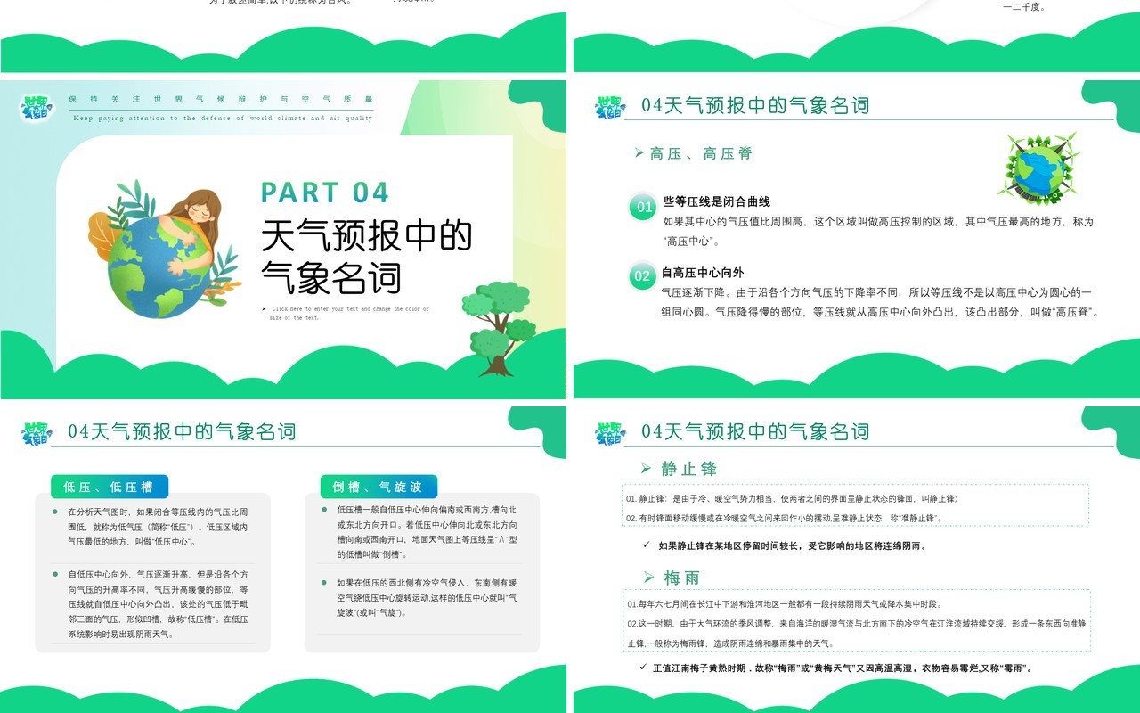 绿色扁平卡通风世界气象日PPT模板