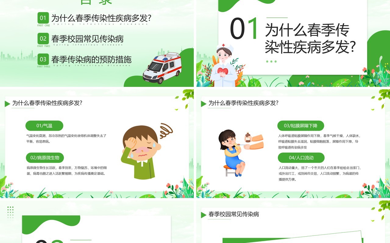 绿色卡通风春季传染病预防宣传PPT模板