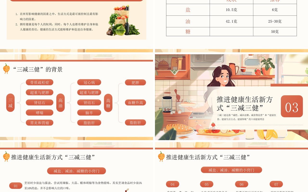 棕色插画风三减三健合理膳食健康生活PPT模板