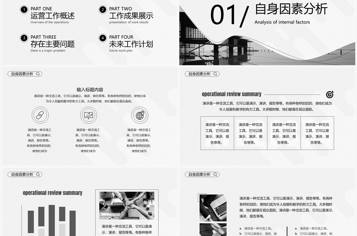 黑白简约风运营复盘总结PPT通用模板