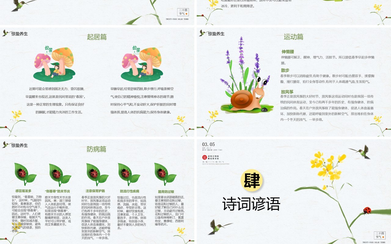 清新手绘风传统二十四节气惊蛰节气介绍PPT模板