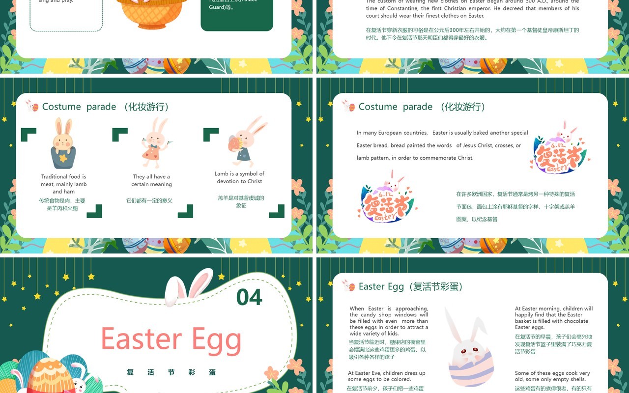 绿色卡通风复活节英语介绍PPT模板