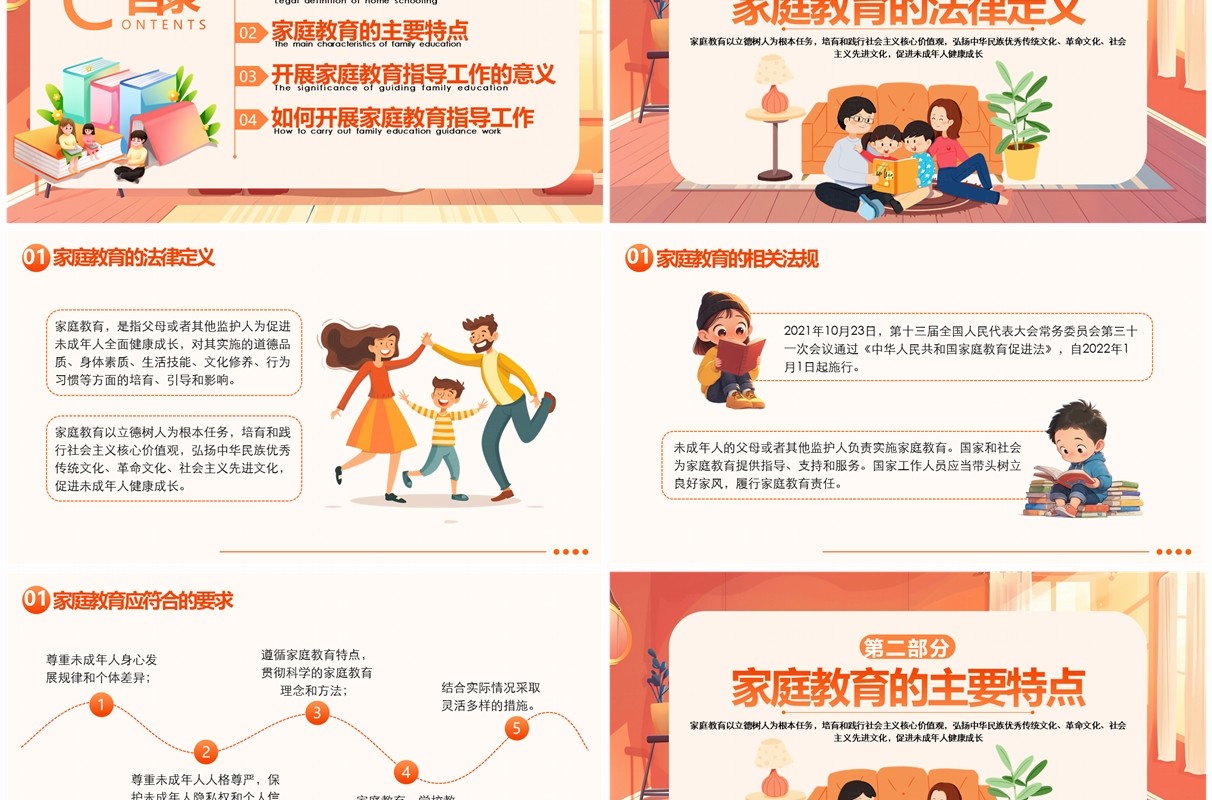 橙色手绘插画风家庭教育主题培训PPT模板