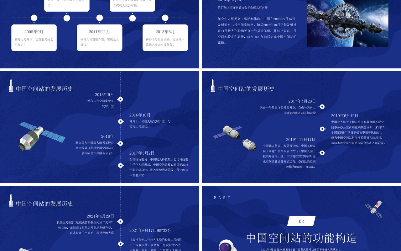 蓝色卡通风中国空间站发展历史介绍PPT模板