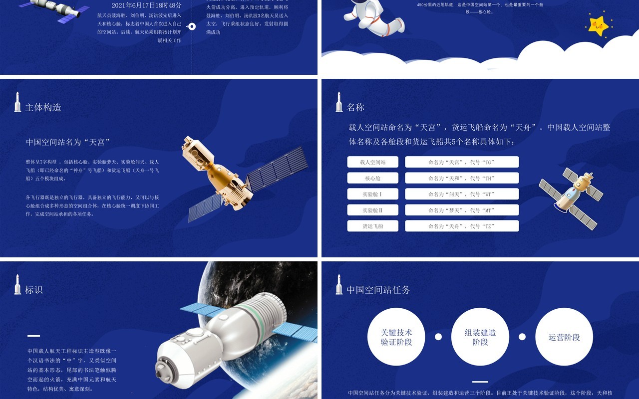 蓝色卡通风中国空间站发展历史介绍PPT模板