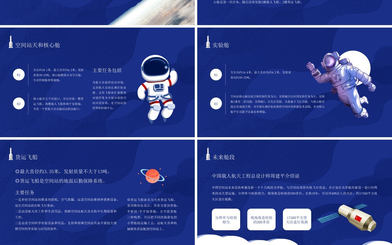 蓝色卡通风中国空间站发展历史介绍PPT模板