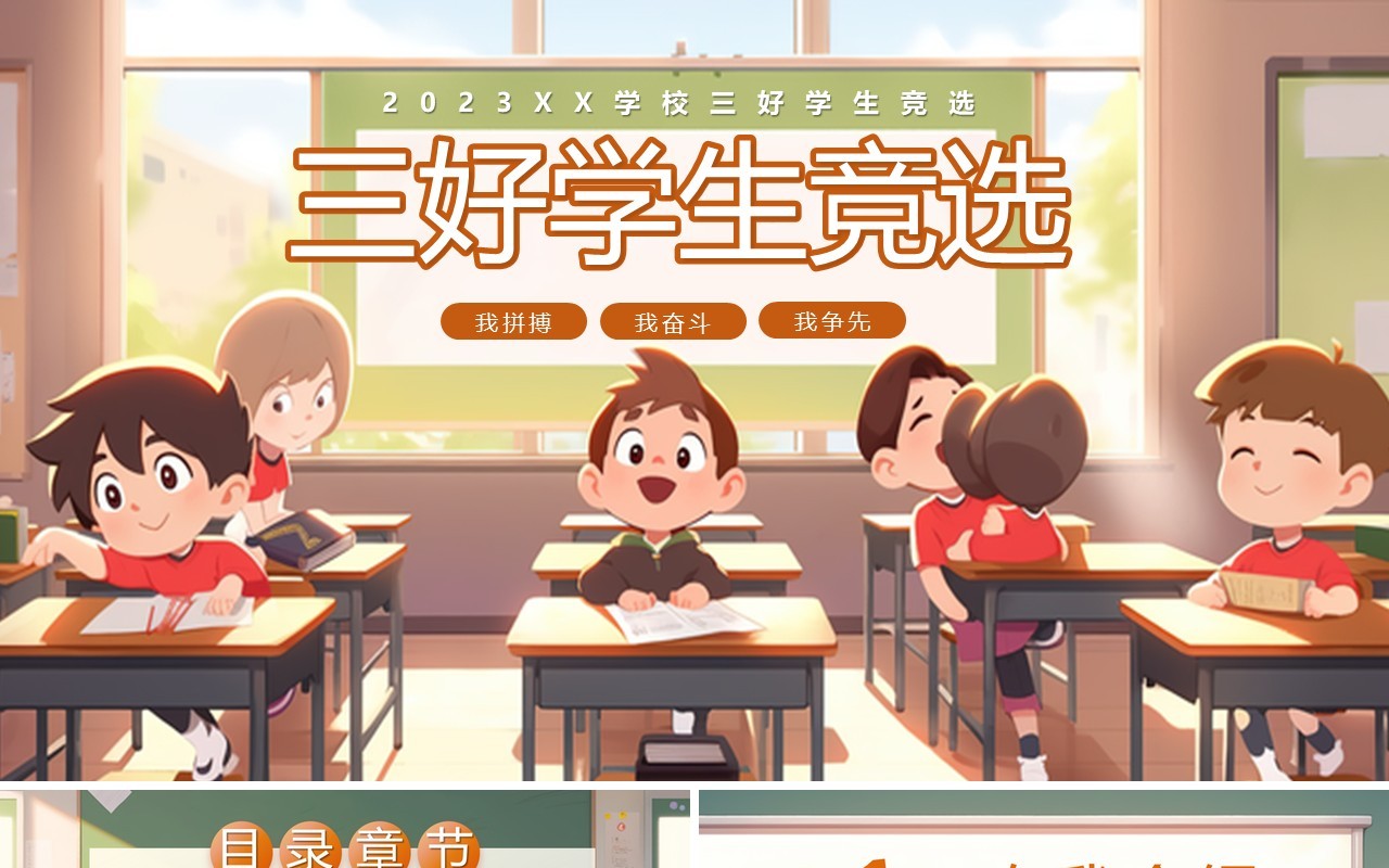 棕色插画风三好学生竞选PPT模板
