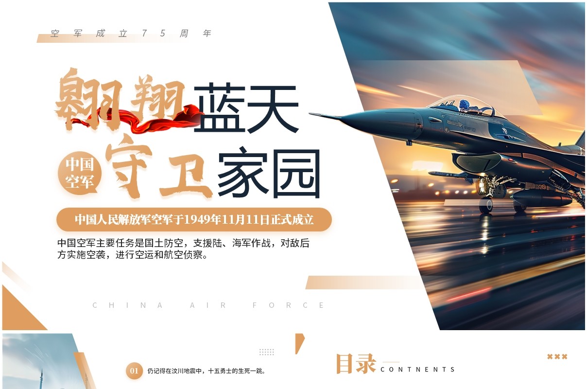 橙色简约风空军成立75周年纪念日PPT模板