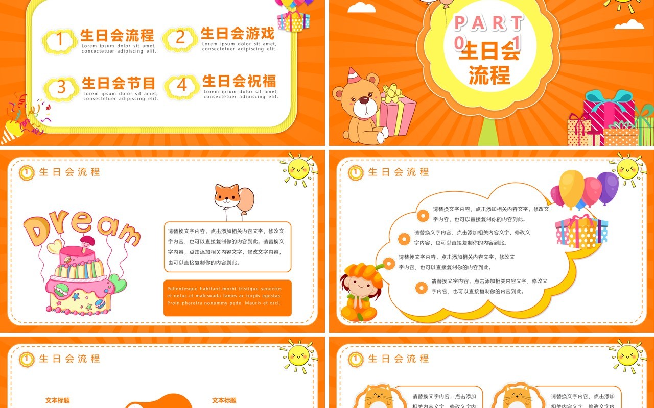 橘色可爱卡通风儿童生日宴会活动流程策划PPT模板