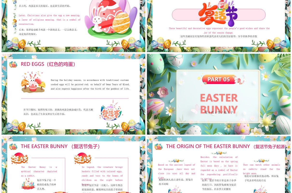 绿色插画风复活节英文介绍PPT模板