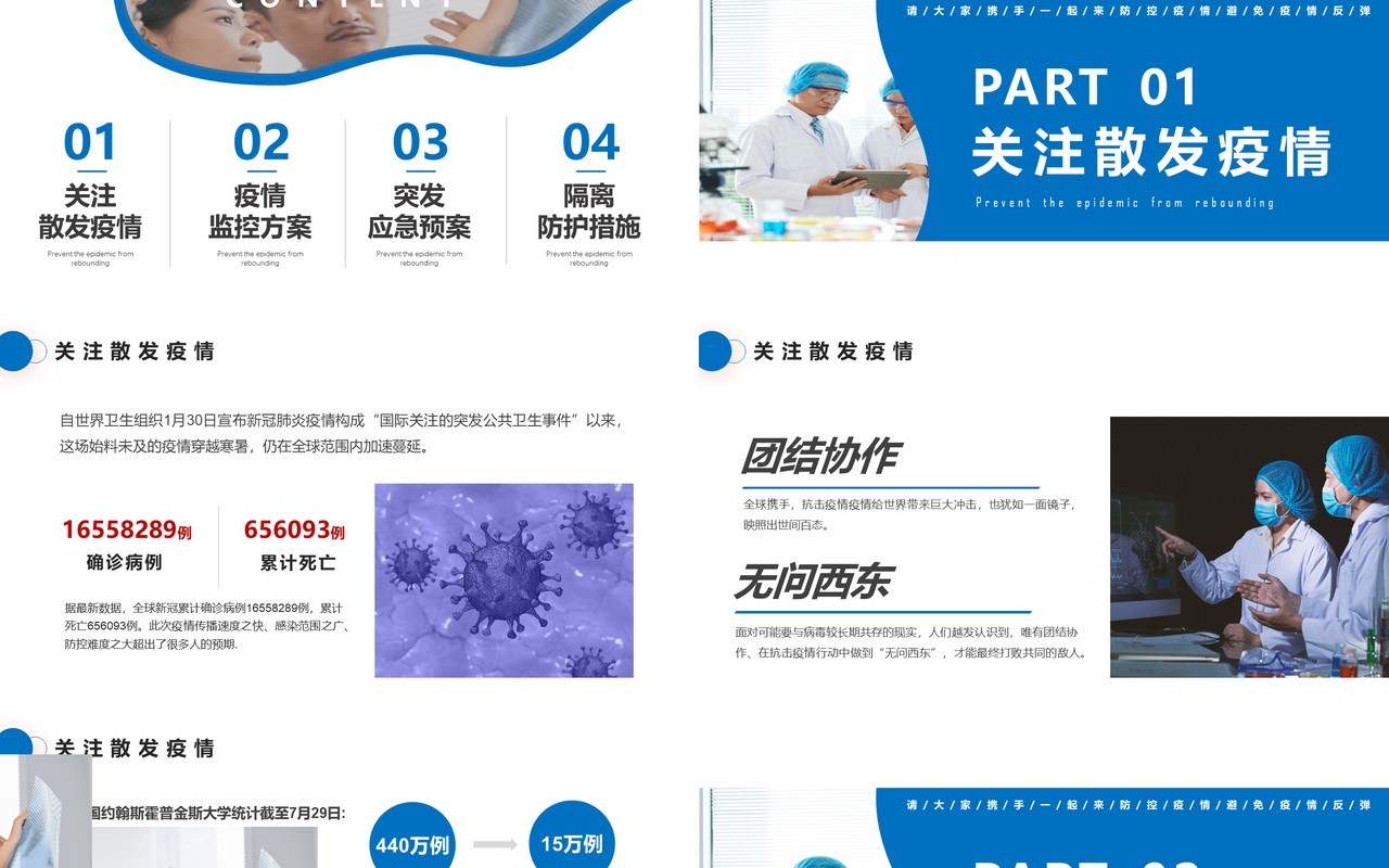 蓝色简约严防疫情反弹做好防护工作计划汇报通用PPT模板