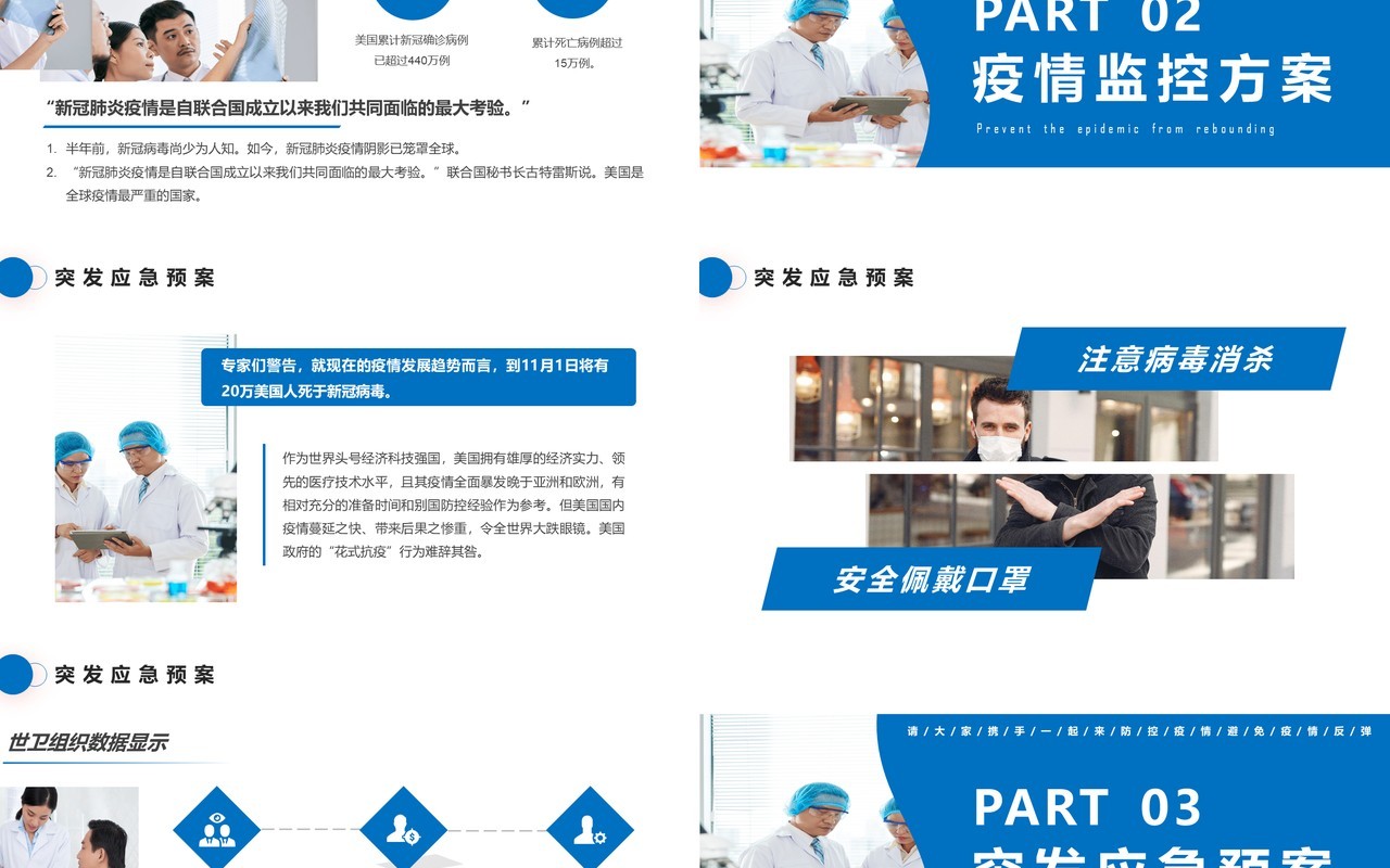 蓝色简约严防疫情反弹做好防护工作计划汇报通用PPT模板