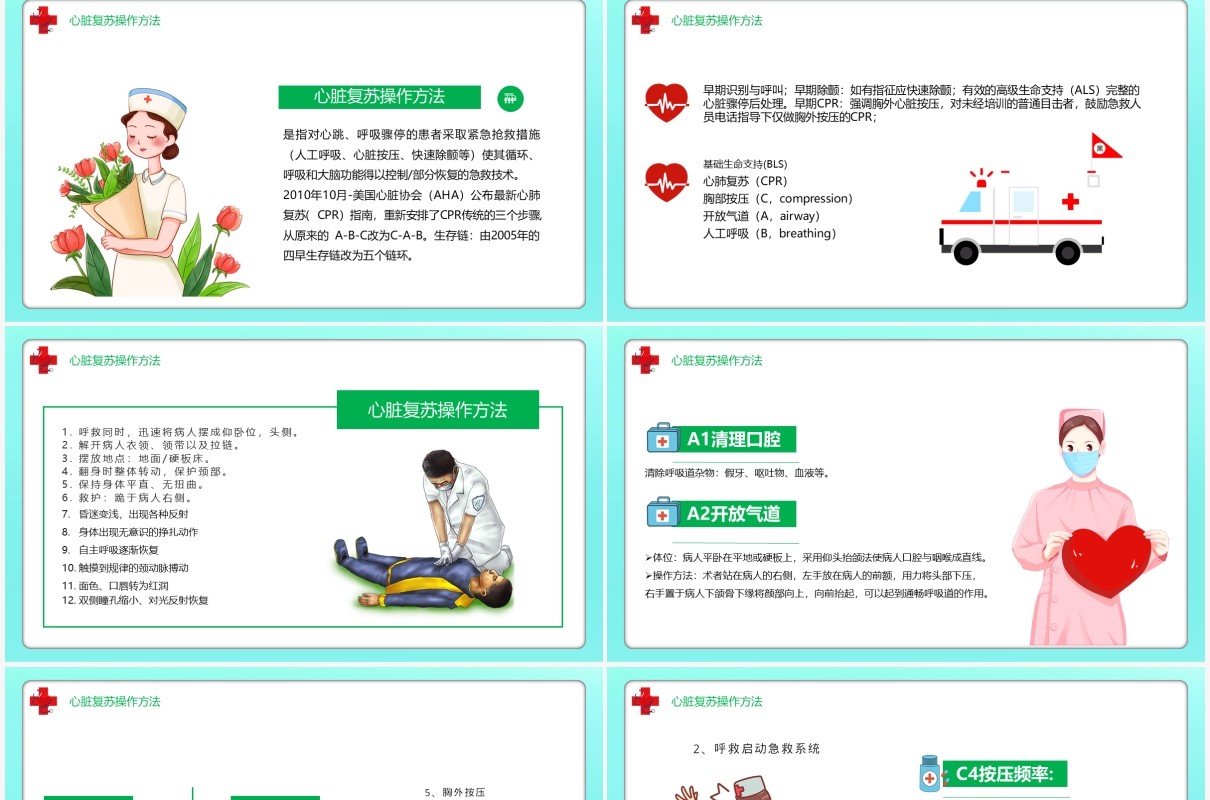 卡通医疗心脏复苏急救知识讲座PPT模板
