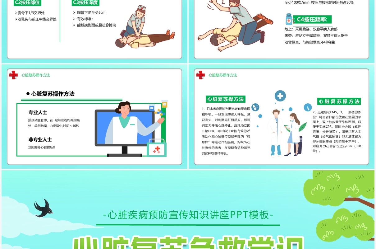 卡通医疗心脏复苏急救知识讲座PPT模板