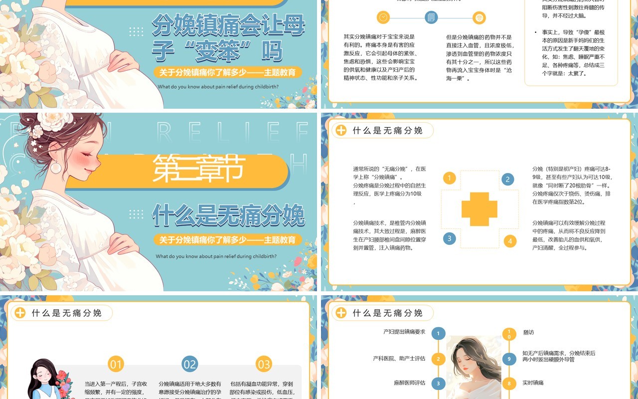 蓝色插画风孕妇分娩镇痛科普PPT模板
