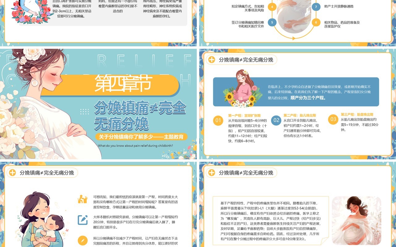 蓝色插画风孕妇分娩镇痛科普PPT模板
