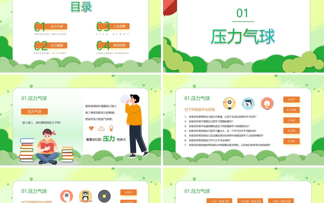 绿色卡通高中生心理健康教育主题班会PPT模板