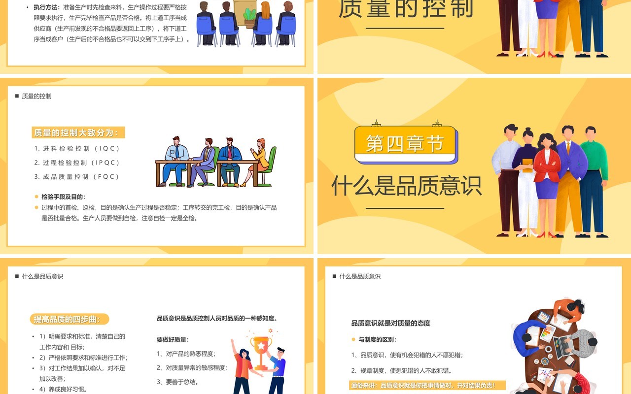 黄色插画风企业质量意识培训PPT模板