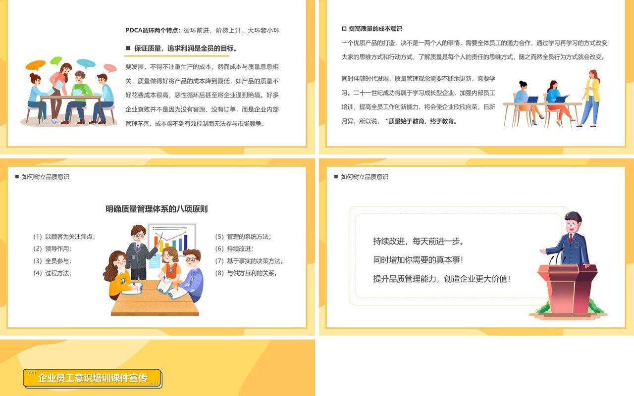 黄色插画风企业质量意识培训PPT模板