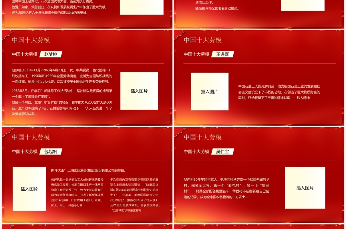 红金简约风劳动模范人物介绍弘扬劳动精神PPT模板