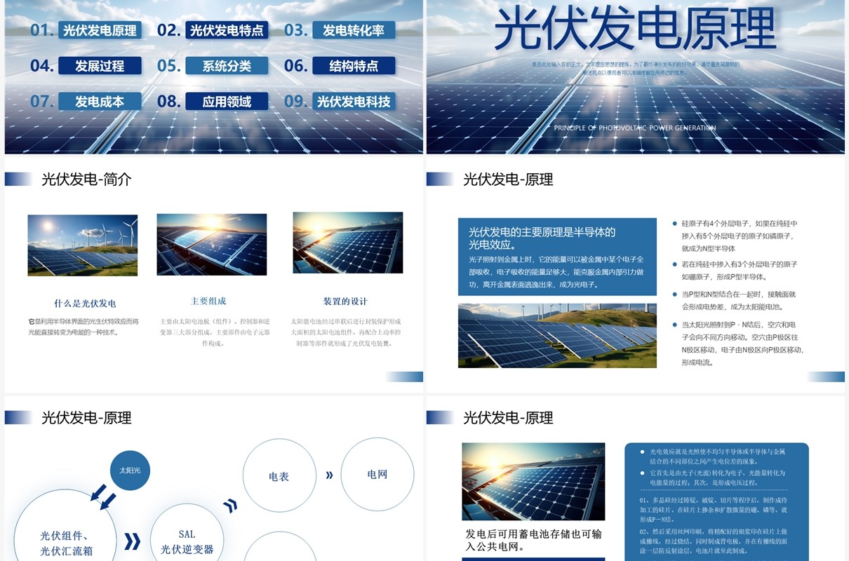 蓝色简约风光伏发电介绍PPT模板