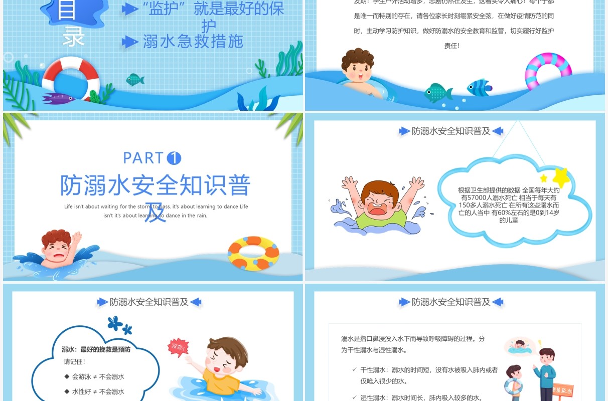 蓝色卡通剪纸风预防溺水家长会动态PPT模板