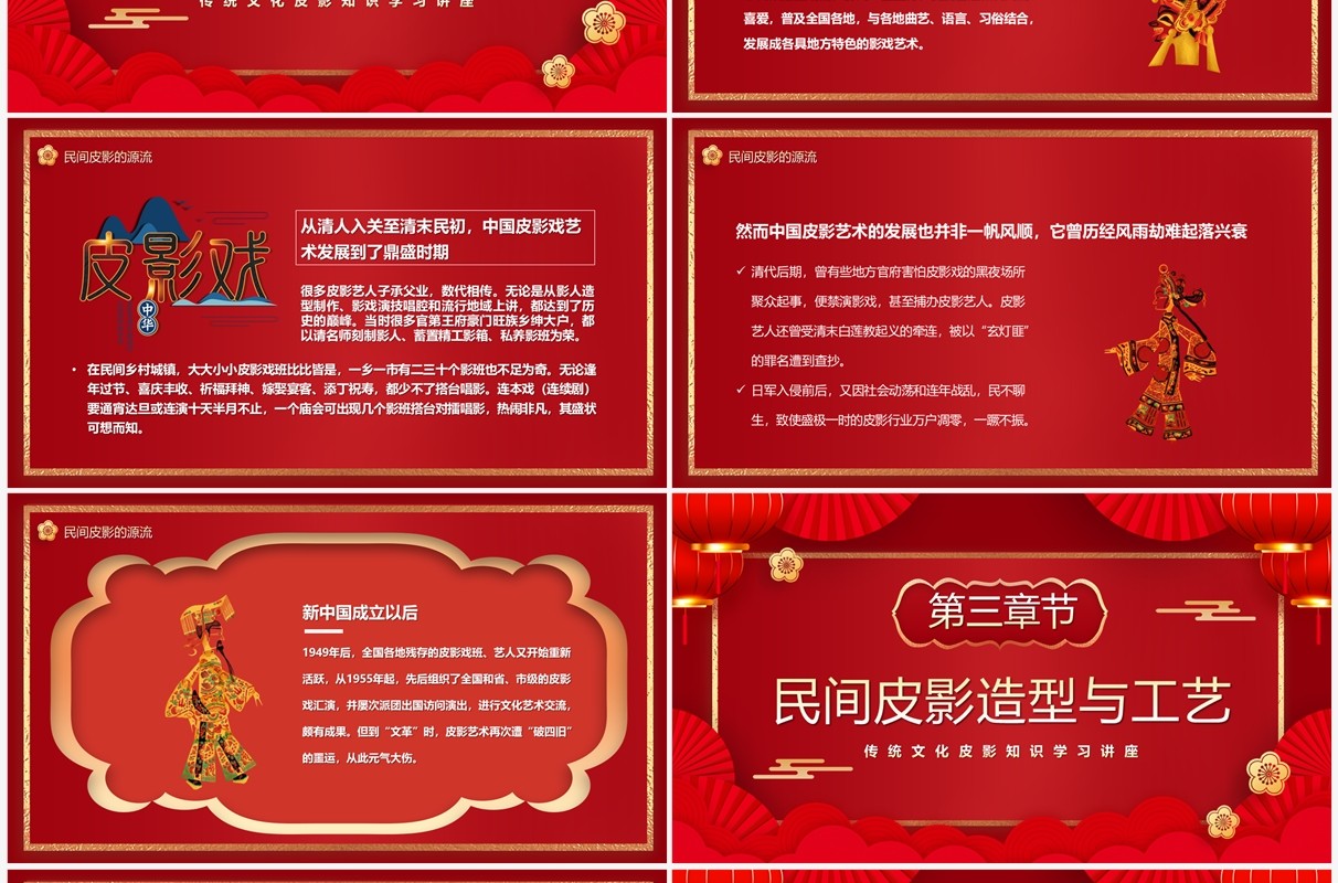 红色中国风传统文化皮影知识介绍PPT模板