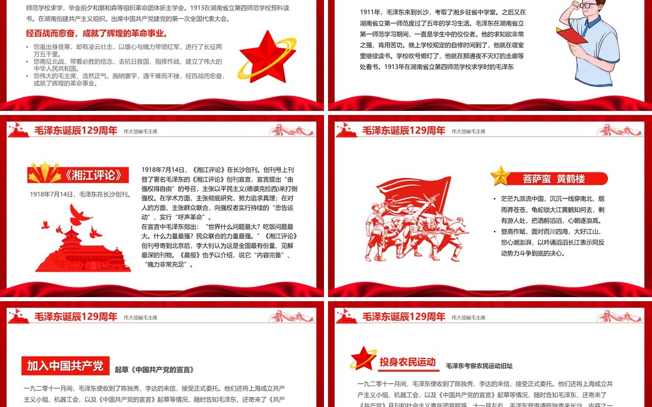 红色简约风毛泽东诞辰129周年PPT模板