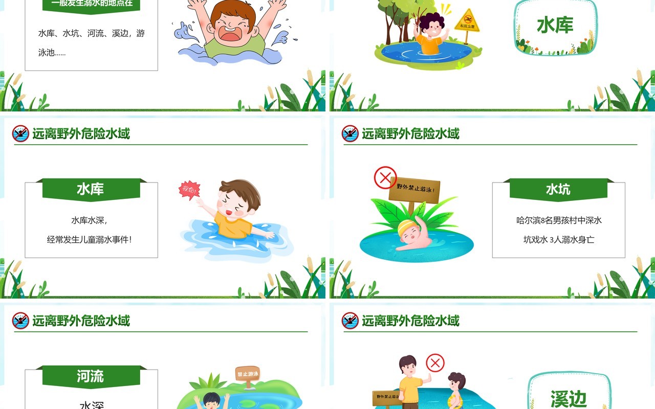 绿色卡通小学生防溺水安全教育PPT模板