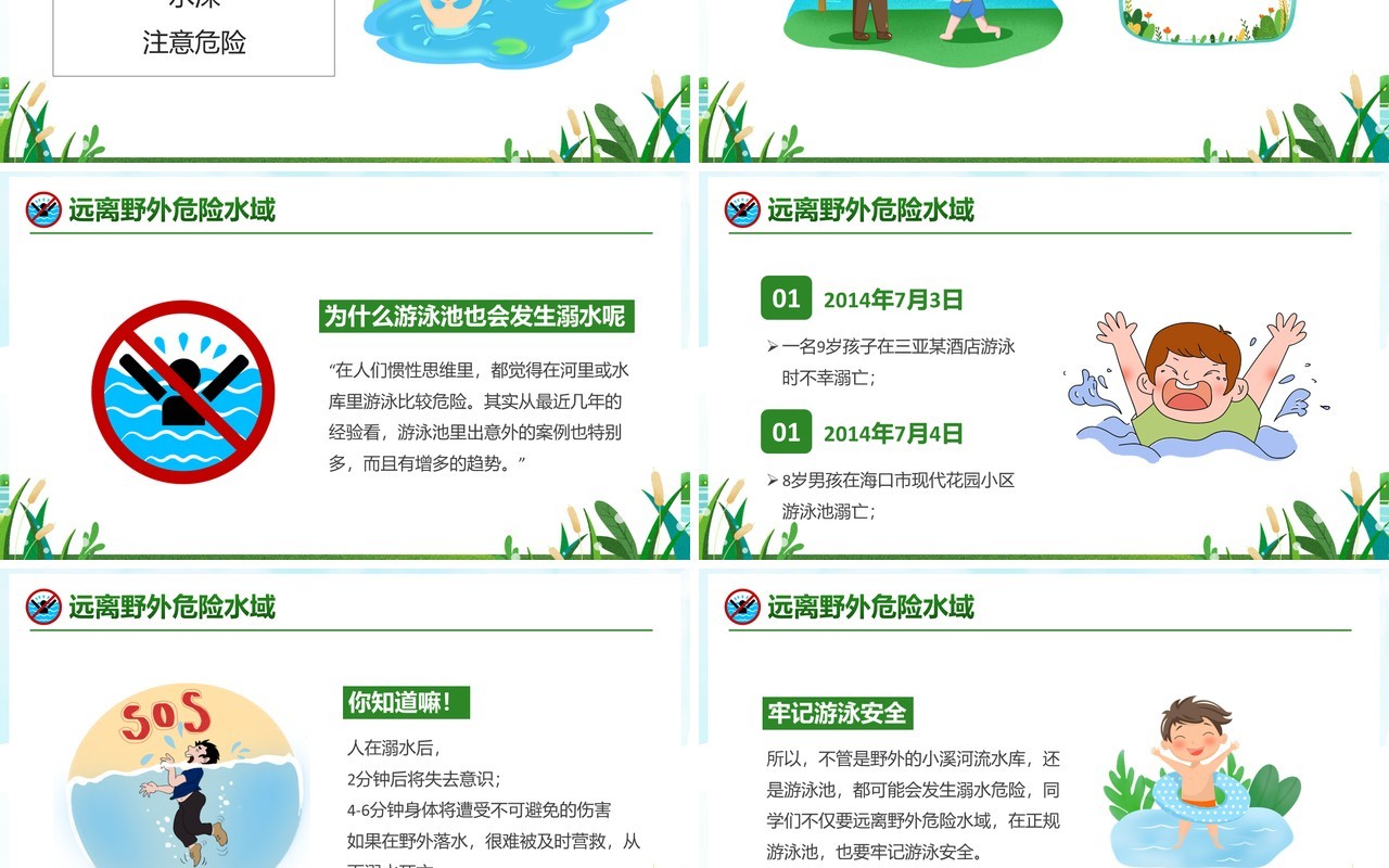 绿色卡通小学生防溺水安全教育PPT模板