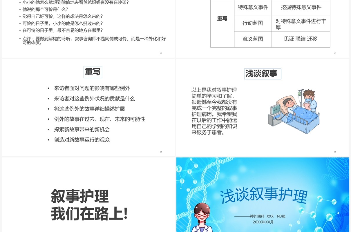 蓝色卡通风浅谈叙事护理PPT模板