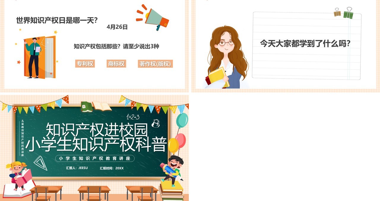 橙色黑板风小学生知识产权科普PPT模板
